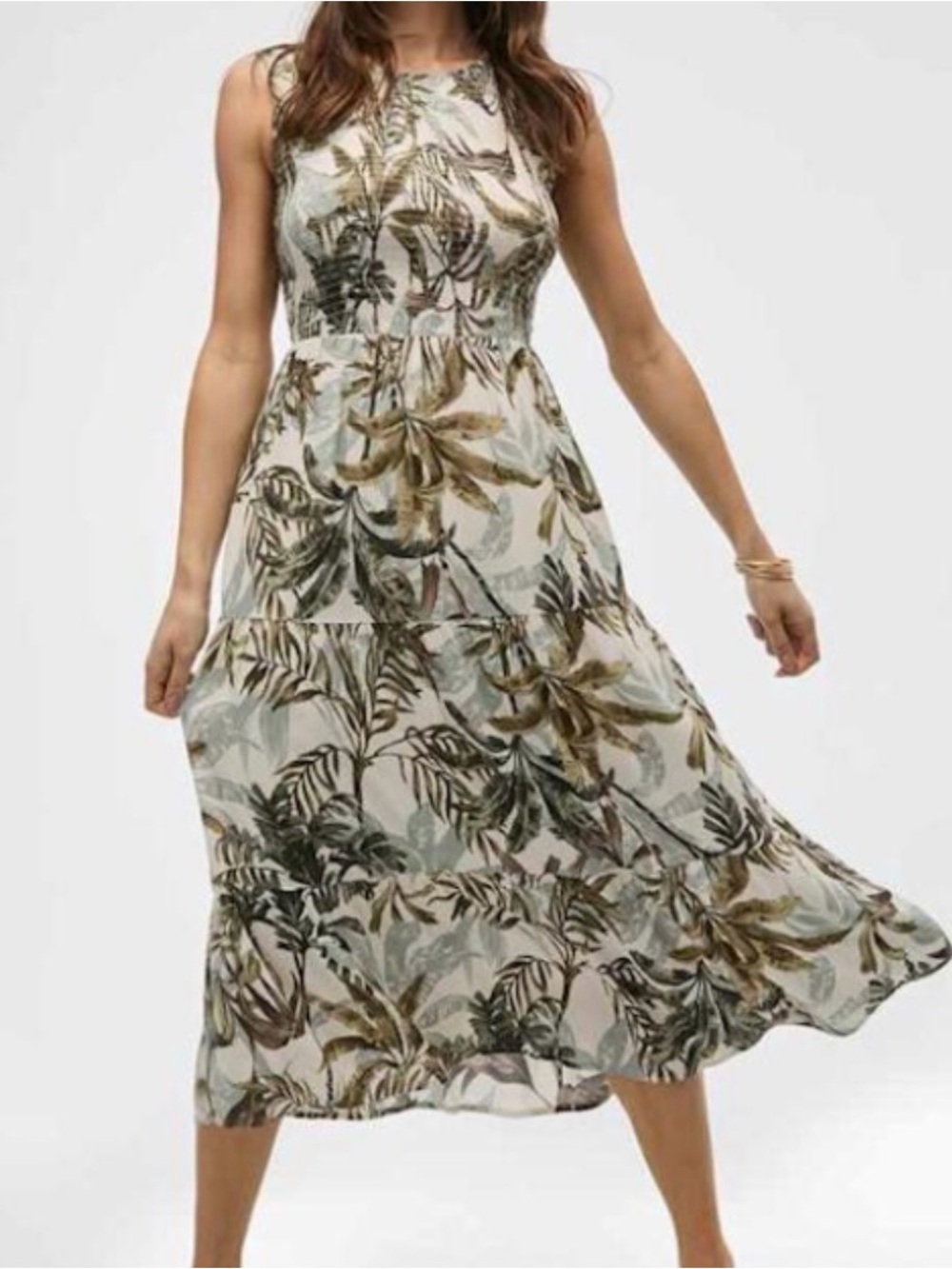 Reitmans Ivory Tropical Leaf Print Smocked Sleeveless Midi Dress size M